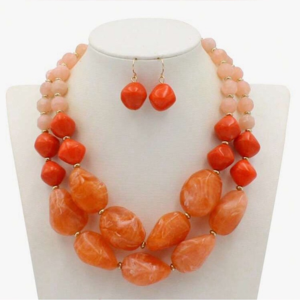 Fashionable Jelly Color Beaded Double Layer Sweater Necklace And Earrings Set